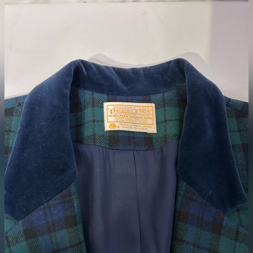 Vintage Pendleton 100% Virgin Wool Green Plaid Blazer Velvet collar 14 Tartan - Picture 5 of 11